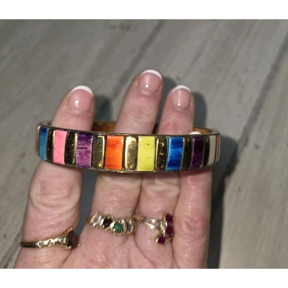 Vintage Colorful Inlaid Stones Bangle Brass Bracelet India Made Beautiful